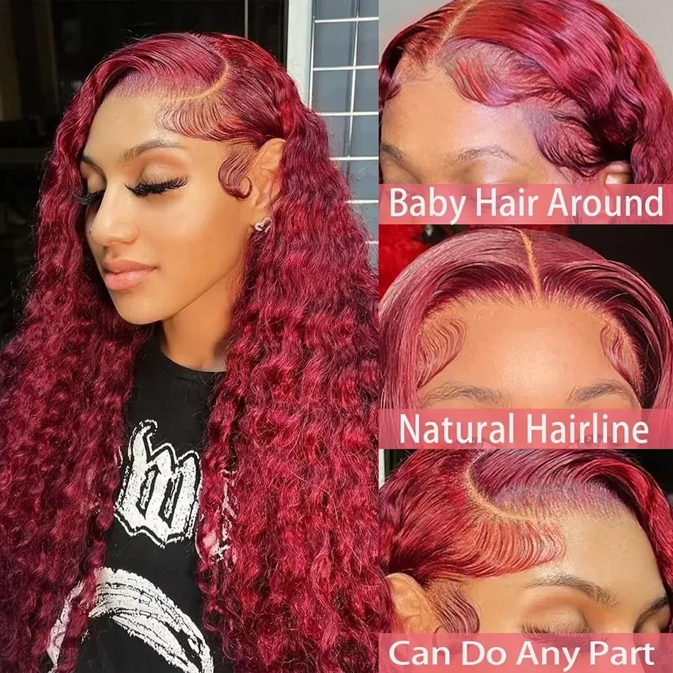 SoGreat Burgundy Curly Wigs Deep Wave Lace Front Wig 13x6 13x4 Lace Frontal Water Wave Human Hair Wig 99j Human Hair Brazilian